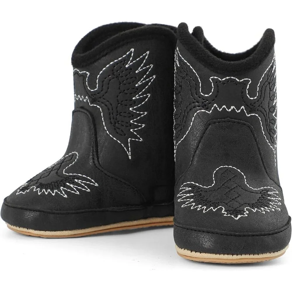 Infant Toddler Black Embroidered Faux Leather Western Rubber Sole Tassel Booties